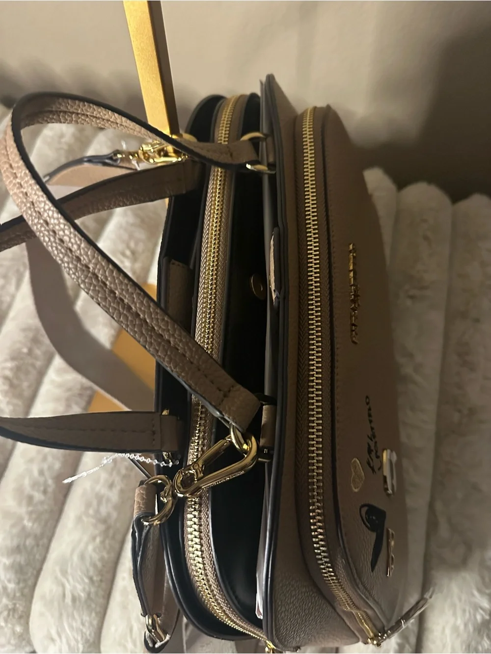 Karl Lagerfeld Taupe Pebble Leather Satchel with Graphic Accents